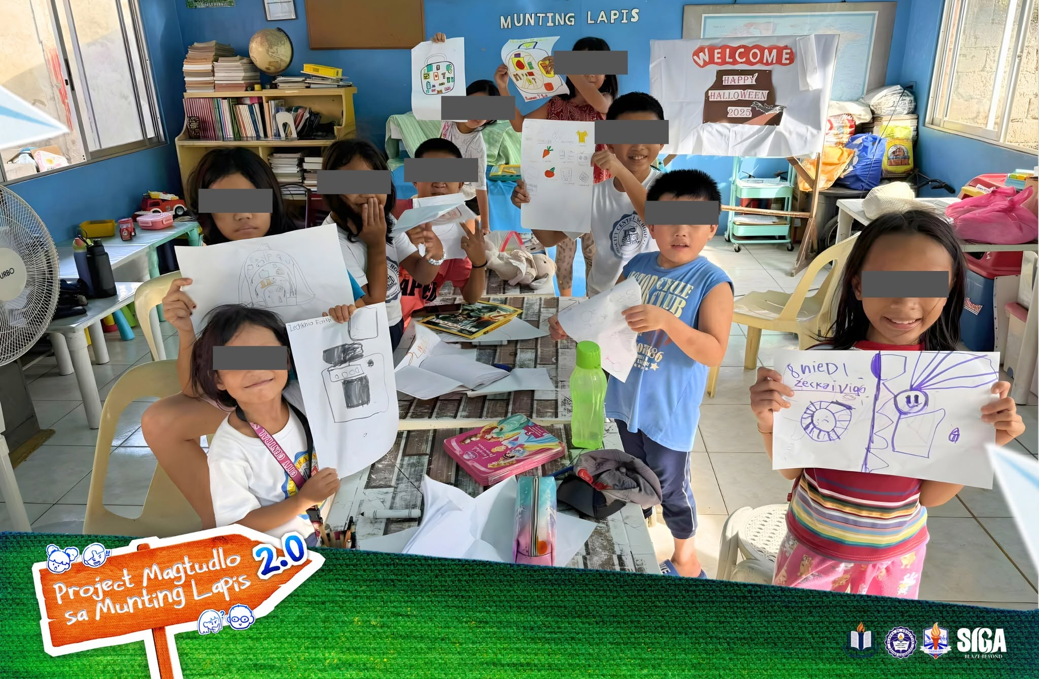 Children share their artwork with volunteers